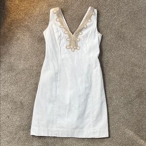 Lilly Pulitzer White Sleeveless V-Neck Dress with Gold Embroidery
